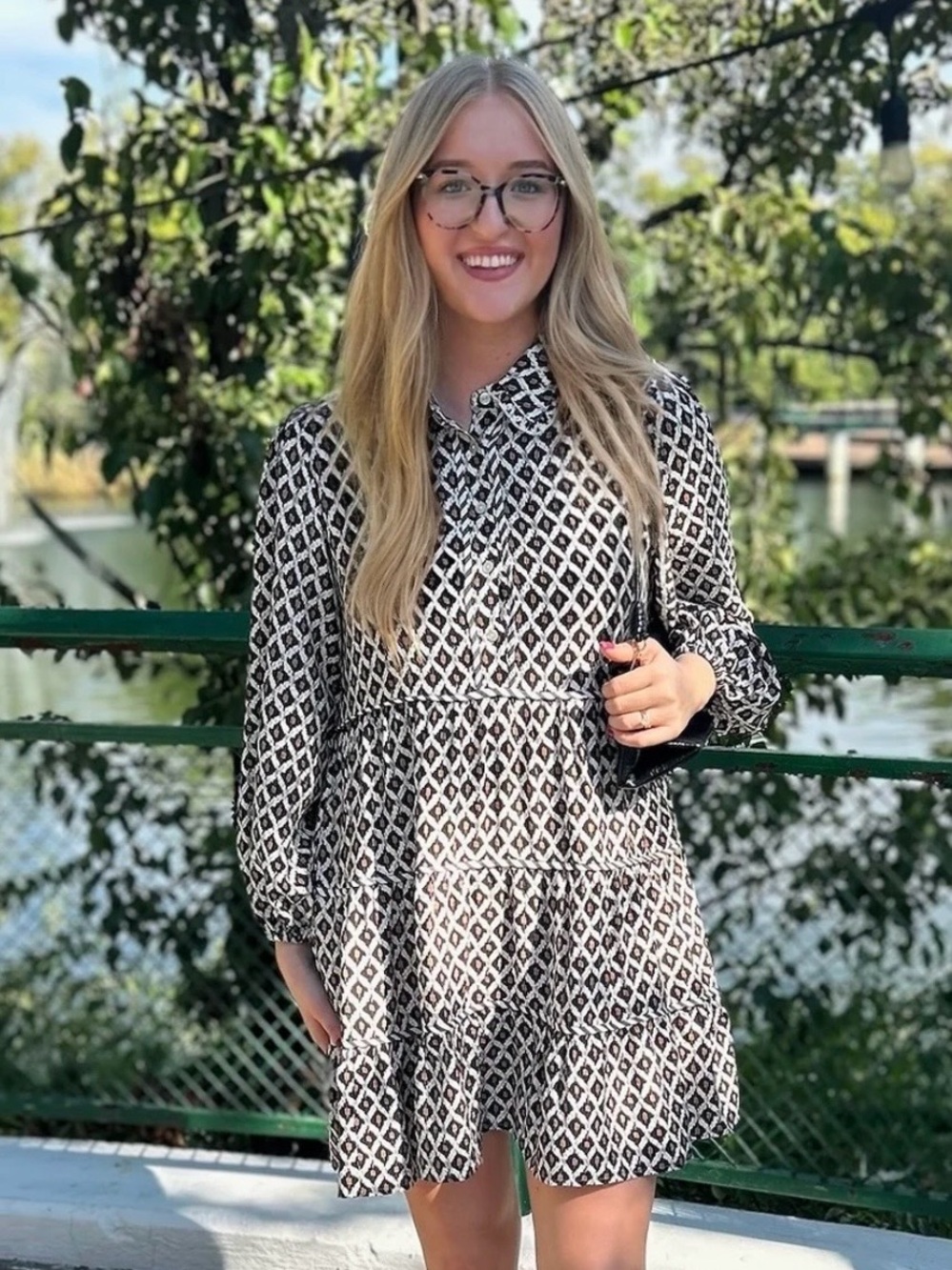 JODIFL Black, White & Brown Geometric Tiered Long-Sleeve Dress